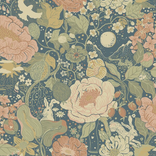 Manhattan Comfort Garfield Vxa Teal Rabbits Rosehips 33 ft L X 209 in W Wallpaper BR4111-63013 - main
